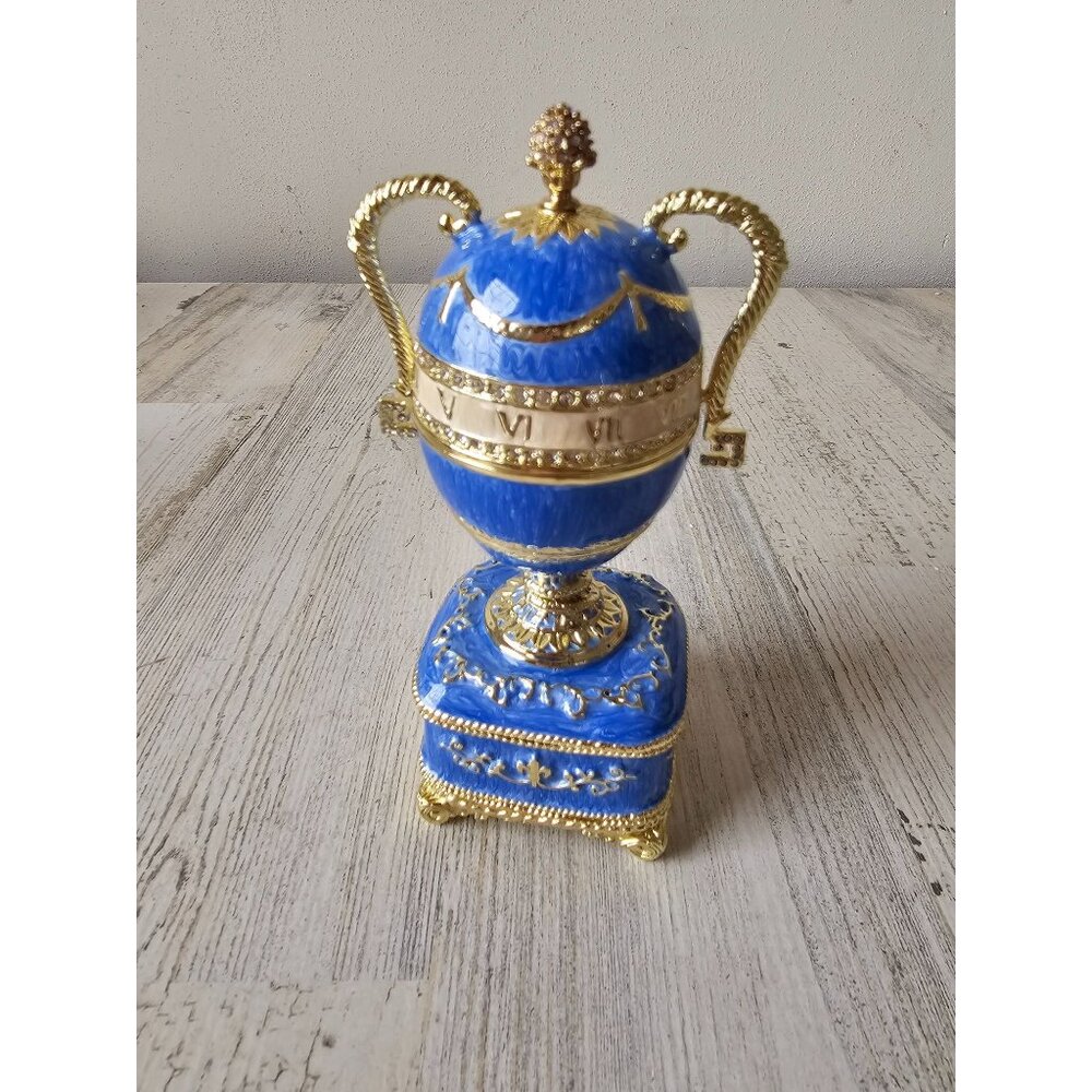 Toscano Katyas Blue trophy egg trinket box hinge jewelry gold rhinestone new
